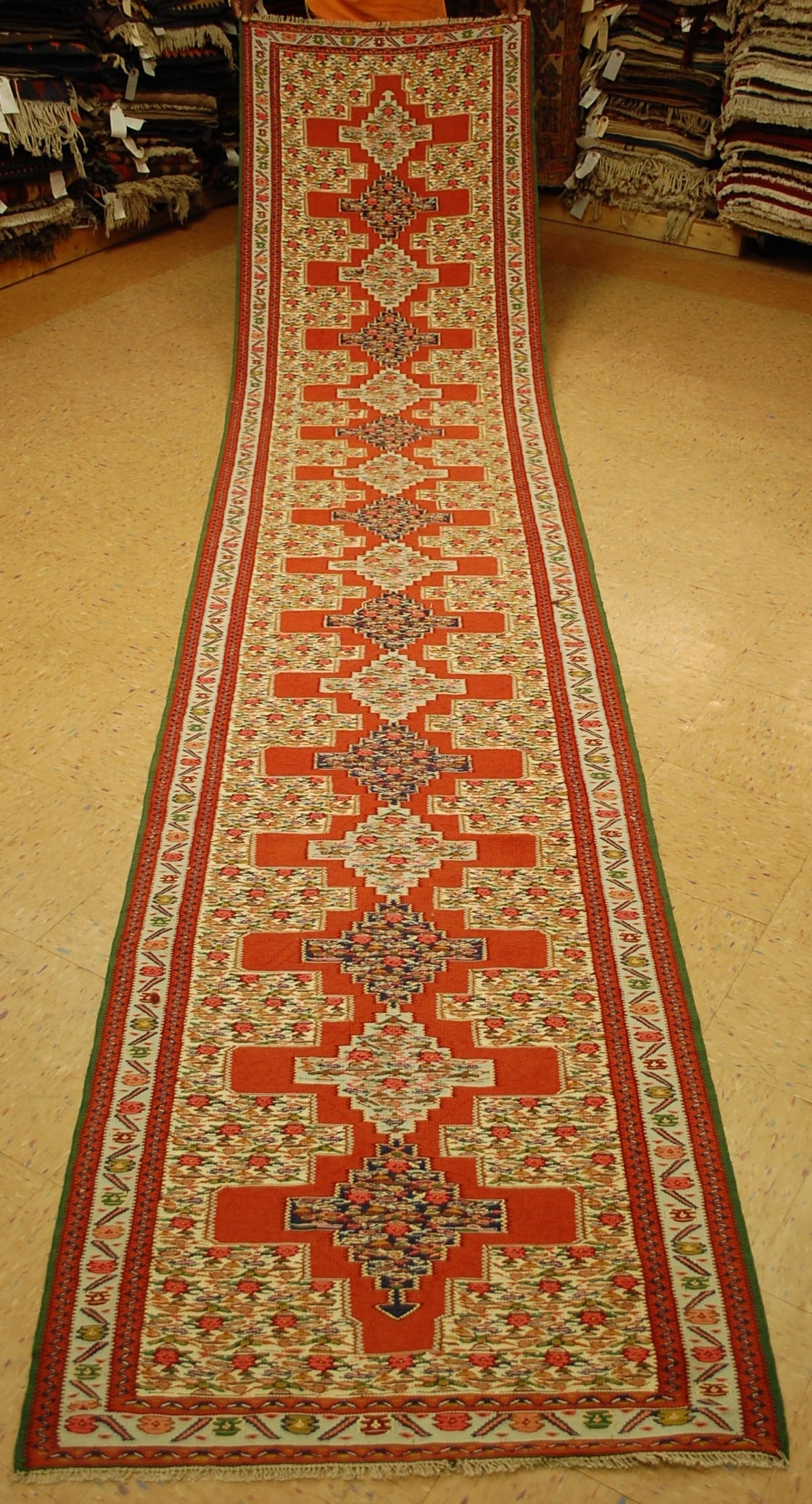 Persain KILIM RUNNER 2.9x13.6: Title: Persain KILIM RUNNER 2.9x13.6 Description:OLD,ANTIQUE HIGHLY DETAILED FINE SENNAH KILIM RUNNER RUG....Very fine woven...HIGH KPSI......with exact size of 2' 9" x 13' 6" Allover detailed design