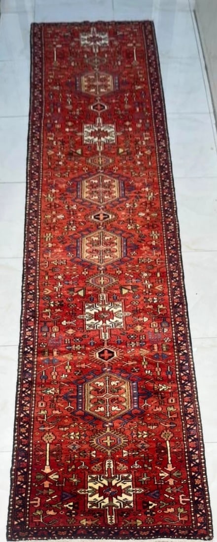 Persian Karajeh Hand-Knotted Runner Red Tribal Wool Rug 3' x 16'1" - 5