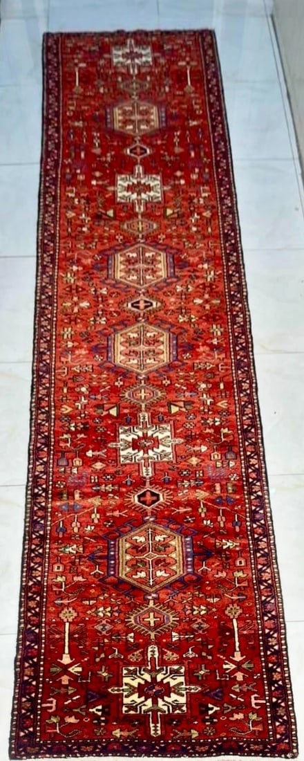 Persian Karajeh Hand-Knotted Runner Red Tribal Wool Rug 3' x 16'1" - 7