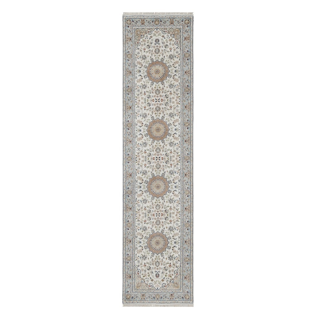 Spring White Nain with Center Medallion Hand Knotted Wool and Silk Rug: Title: Spring White Nain with Center Medallion Hand Knotted Wool and Silk RugDescription:This is a truly genuine one-of-a-kind. It has been Knotted for months and months in the centuries-old weaving