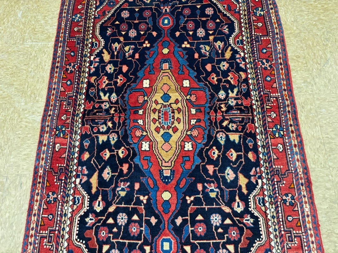 Persian Jozan Hand-Knotted Wool Rug, Navy Geometric Tribal, 3'5" x 5'9" - 5