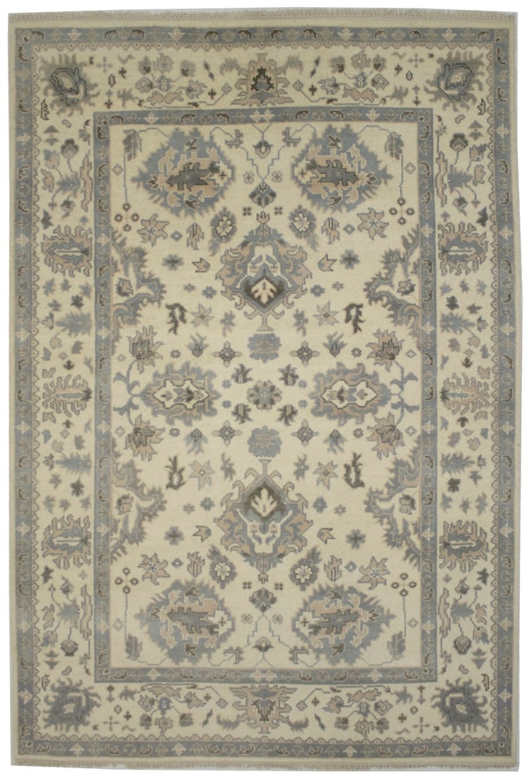 Muted Cream Floral 6X9 Oushak Chobi Oriental Rug: Title: Muted Cream Floral 6X9 Oushak Chobi Oriental RugDescription:Handmade 6X9 cream oriental rug made with vegetable dyes (fine wool pile and cotton foundation), exceptional knot count, and