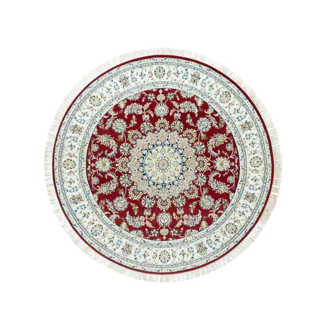 Portia Red Hand Knotted Nain 250 KPSI All Wool Oriental Round Rug: Title: Portia Red Hand Knotted Nain 250 KPSI All Wool Oriental Round Rug Description:This is a truly genuine one-of-a-kind. It has been Knotted for months and months in the centuries-old weaving craft