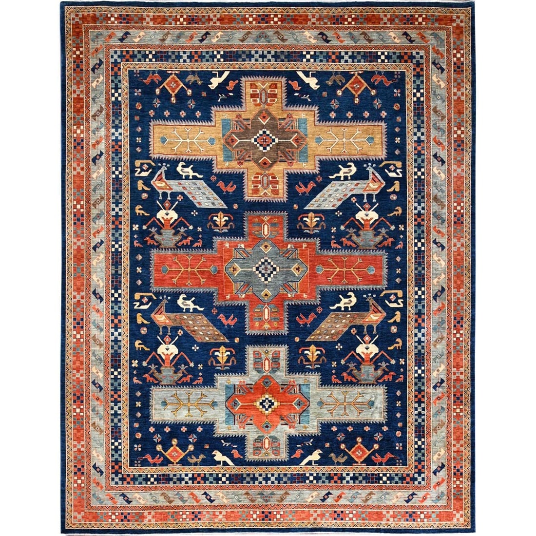 Blue Hand Knotted Caucasian Design Organic Wool 200 KPSI Oversized Rug: Title: Blue Hand Knotted Caucasian Design Organic Wool 200 KPSI Oversized Rug Description: This is a truly genuine one-of-a-kind. It has been Knotted for months and months in the centuries-old weaving