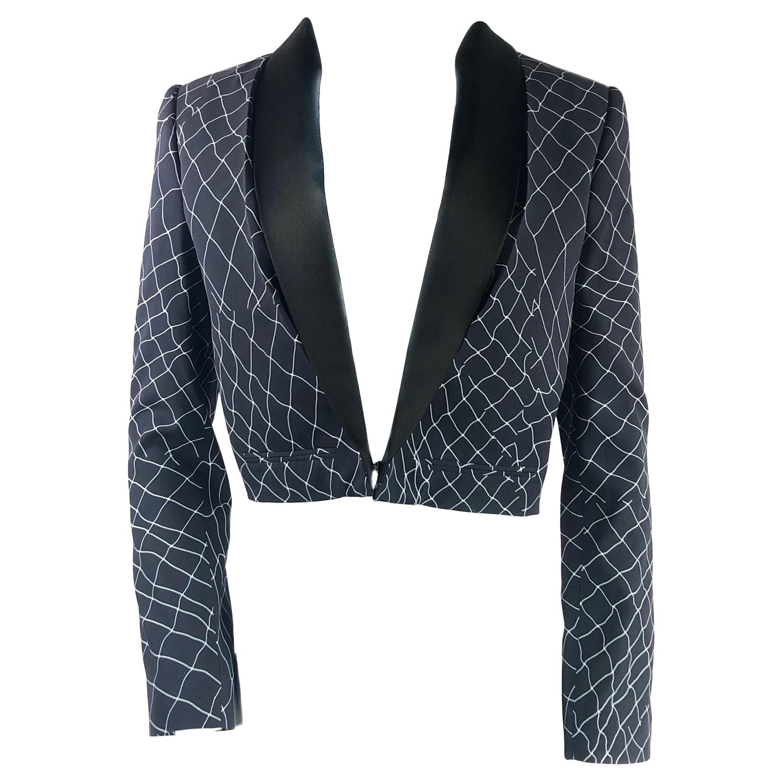 Haider Ackermann Navy and Black Tuxedo Blazer Jacket Size 38: Haider Ackermann Navy and Black Silk Tuxedo Blazer Jacket Size 38 Product details: Size 38 100% Silk Navy tuxedo blazer with black collar and white wavy crossing line print detail Front hook closure M
