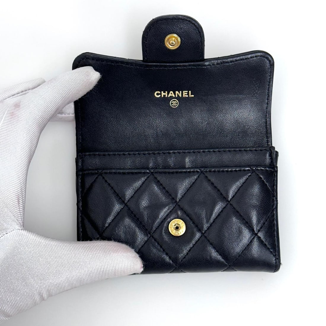CHANEL Black Quilted Leather Card Holder with Gold Logo - 6