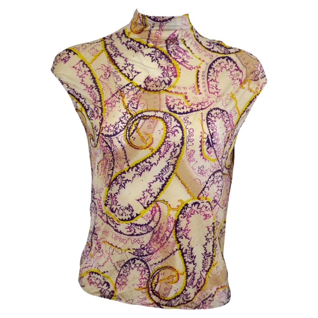 Emanuel Ungaro Sleeveless Mock Neck Paisley Top sz 38: Emanuel Ungaro Sleeveless Mock Neck Paisley Top sz 38 Fabric has great stretch Pink, purple, yellow, and cream paisley print 93% Rayon 7% Spandex Dry clean only Emanuel Ungaro was a French fashion des