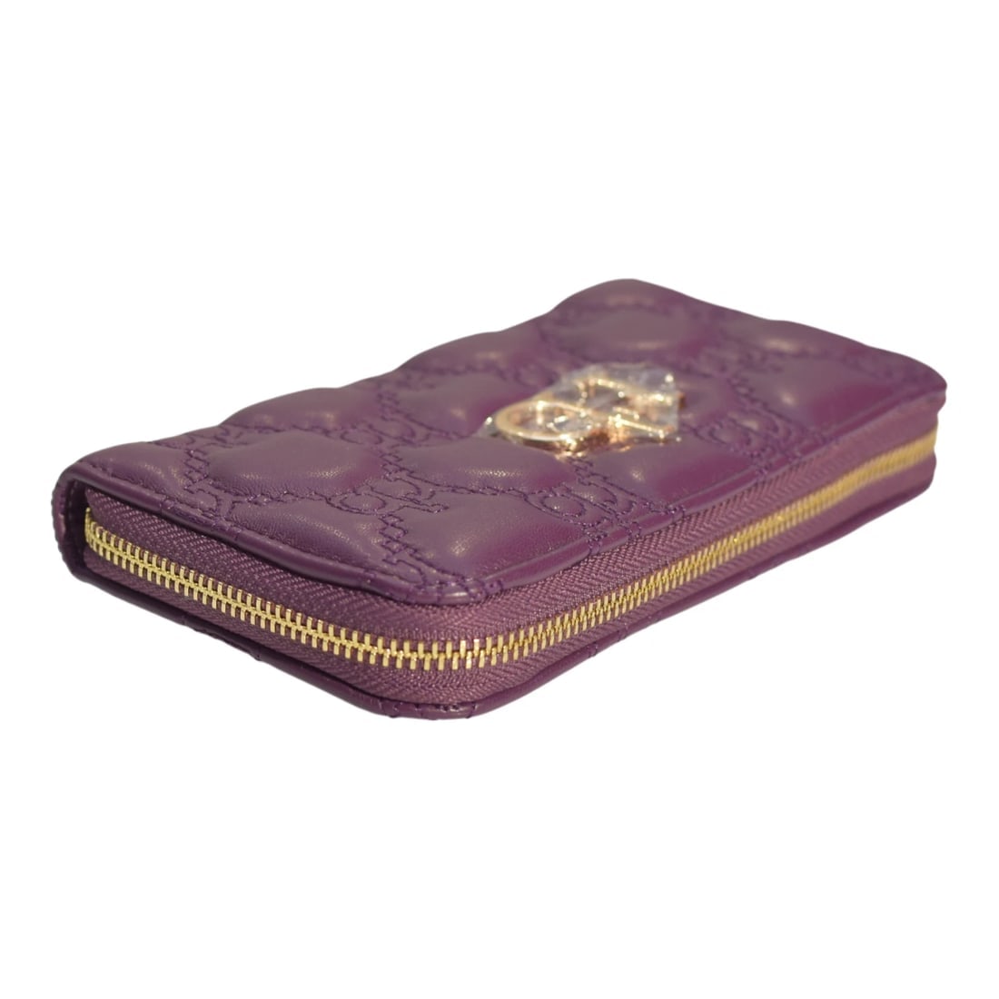 Roccobarocco Purple Quilted Leather Zip Wallet Gold Logo Long Purse New - 4