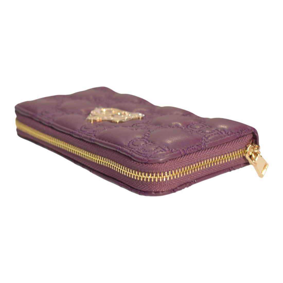 Roccobarocco Purple Quilted Leather Zip Wallet Gold Logo Long Purse New - 5