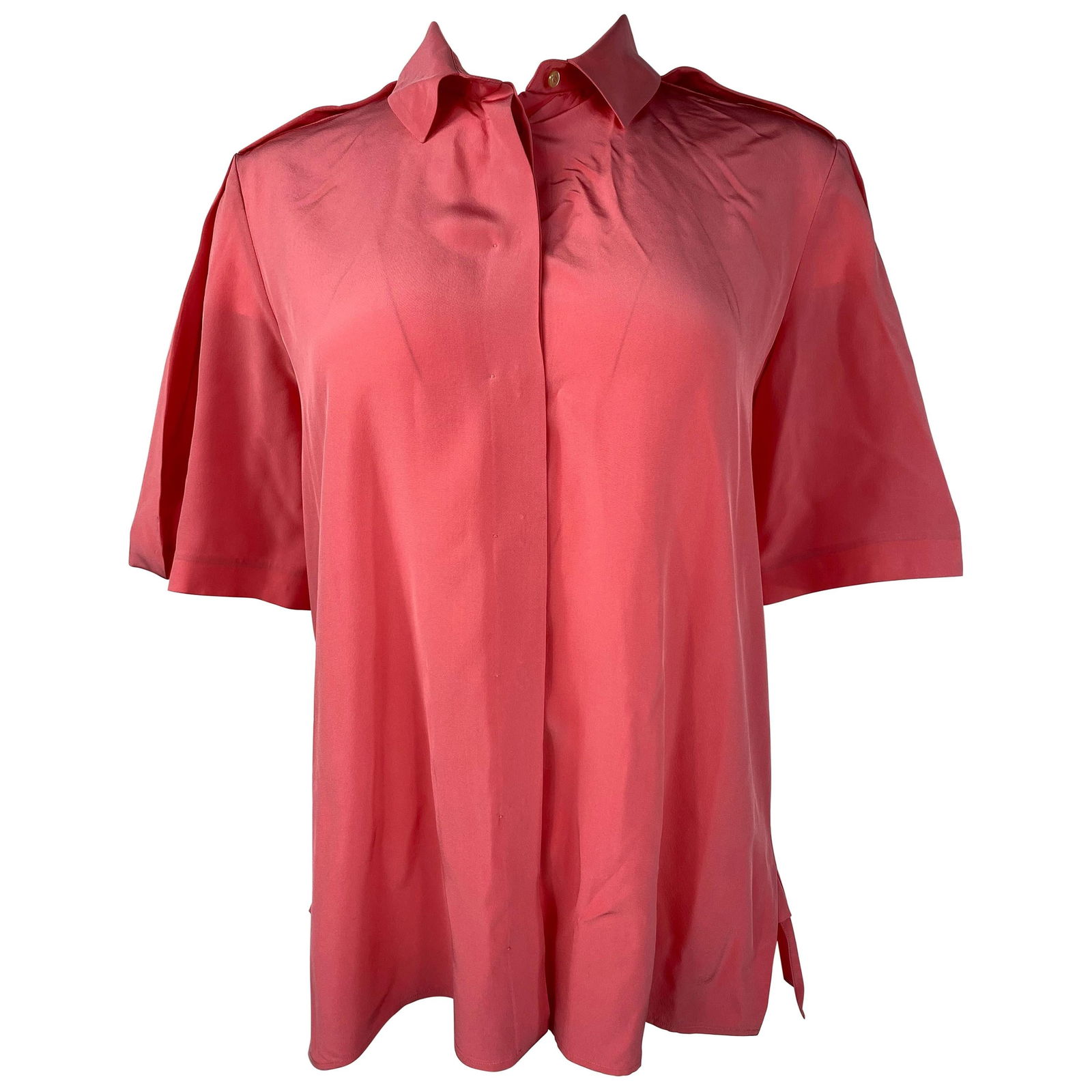 Balenciaga Paris Pink Coral Silk Short Sleeves Blouse Top Size 40: Product details: Featuring pink silk, short sleeves, collar, button down with slit detail on the sides. Made in Italy. Reserve: $440.00 Shipping: Domestic: Flat-rate of $85.99 to anywhere wi