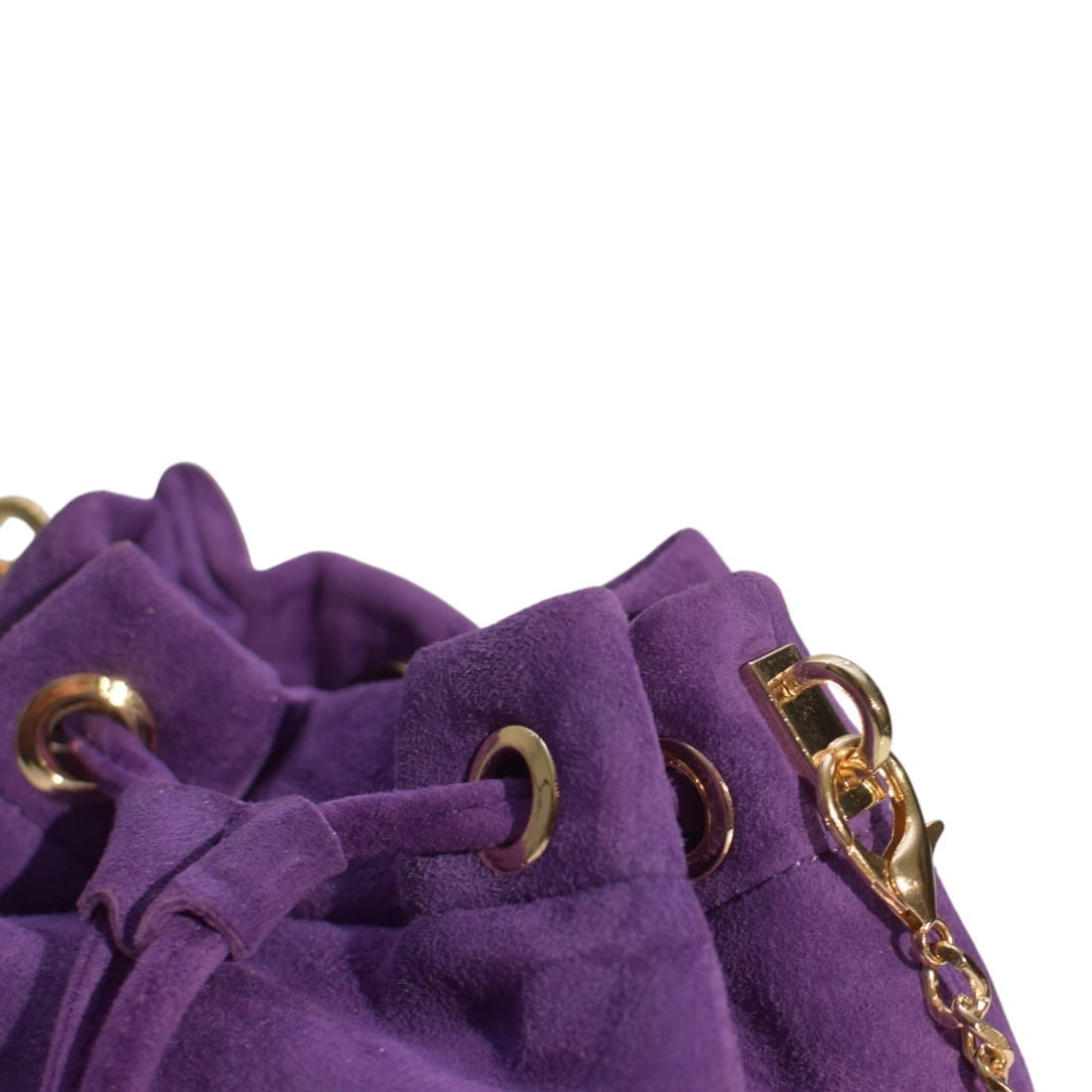 Purple Suede Mini Bucket Bag with Gold Chain – Made in Greece – NEW with Tags - 14