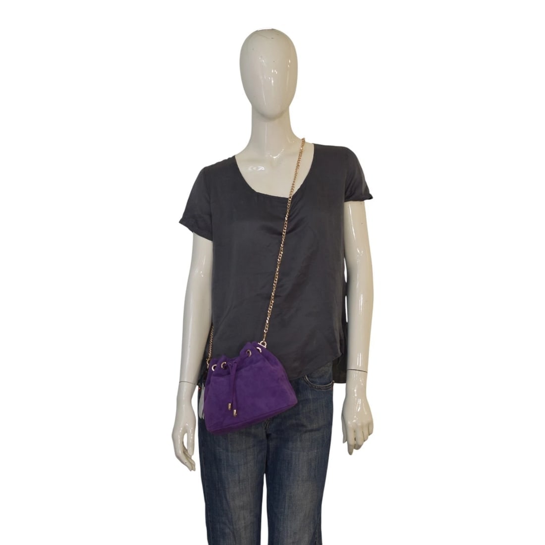 Purple Suede Mini Bucket Bag with Gold Chain – Made in Greece – NEW with Tags - 15