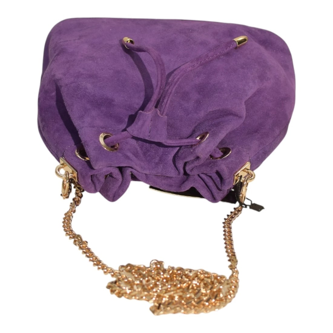 Purple Suede Mini Bucket Bag with Gold Chain – Made in Greece – NEW with Tags - 5