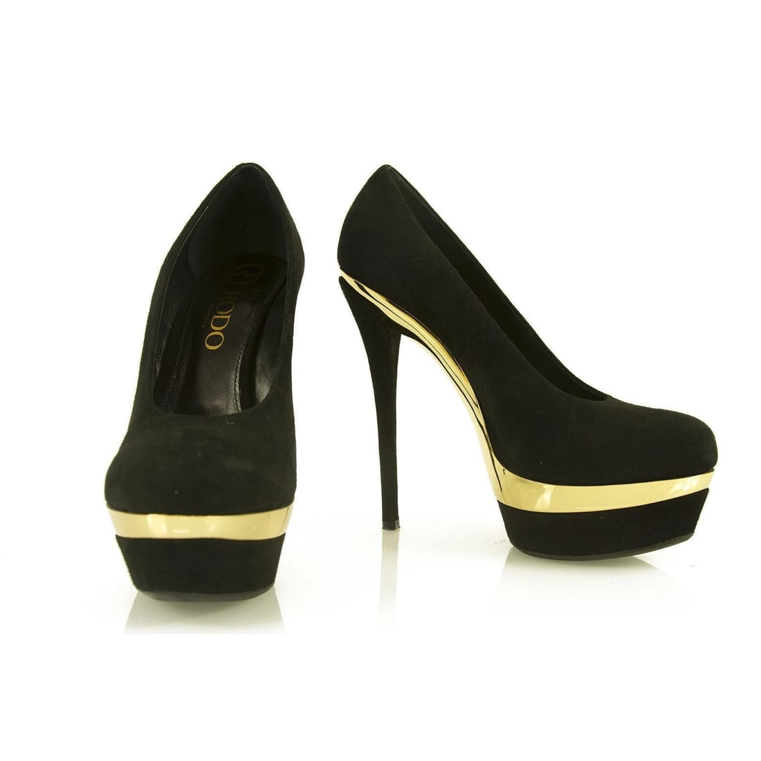 RODO Black Suede Gold Platform Pumps Stiletto Heel sz 36.5 Shoes w. Box: Title:RODO Black Suede Gold Platform Pumps Stiletto Heel sz 36.5 Shoes w. Box Description:RODO Black Suede Gold Platform Pumps Stiletto Heel sz 36.5 Shoes w. Box RODO presents these stunning pumps tha