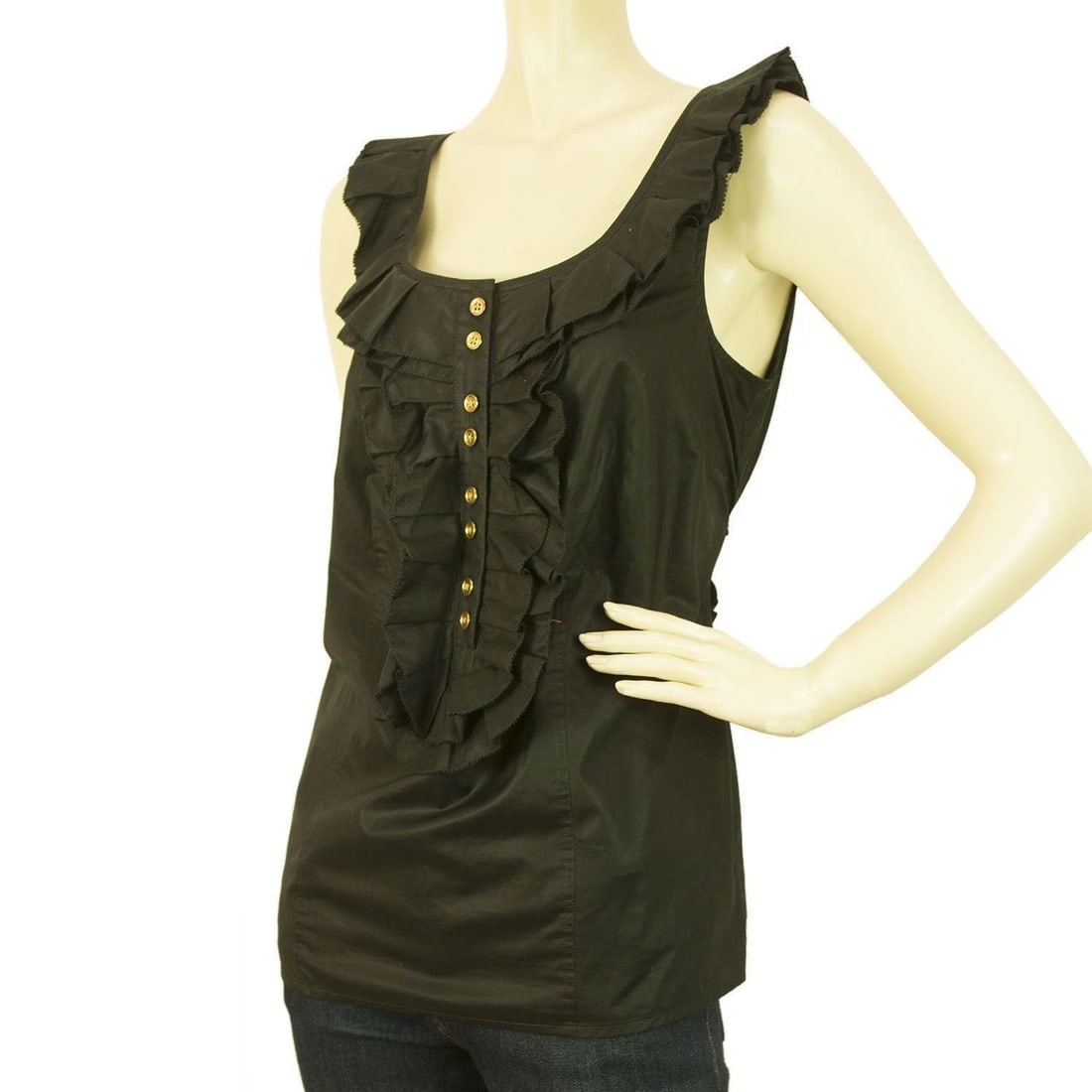 Juicy Couture Black Ruffled Cotton Tank Vest Blouse Top w. Gold Buttons - Size 4 - 3