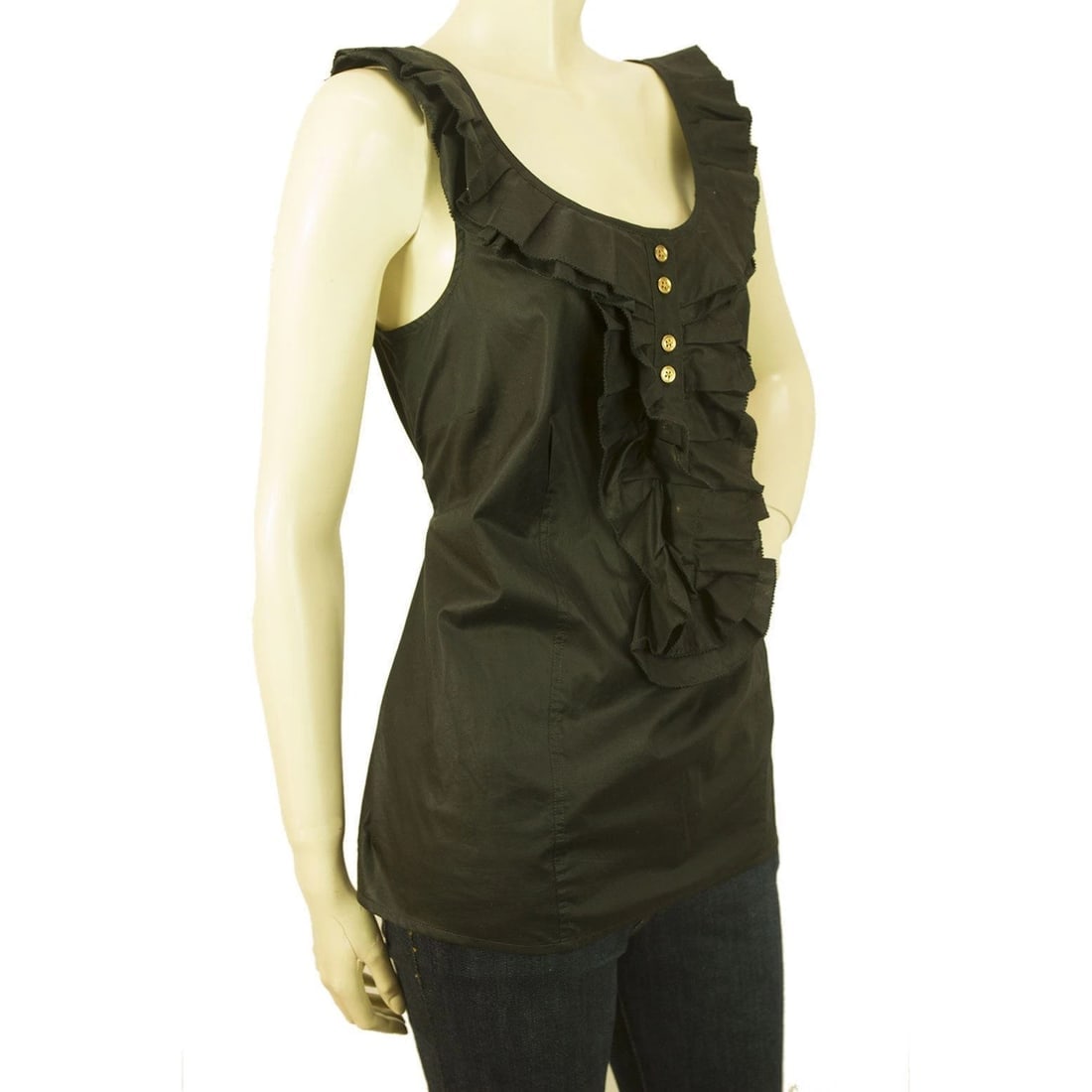 Juicy Couture Black Ruffled Cotton Tank Vest Blouse Top w. Gold Buttons - Size 4 - 4