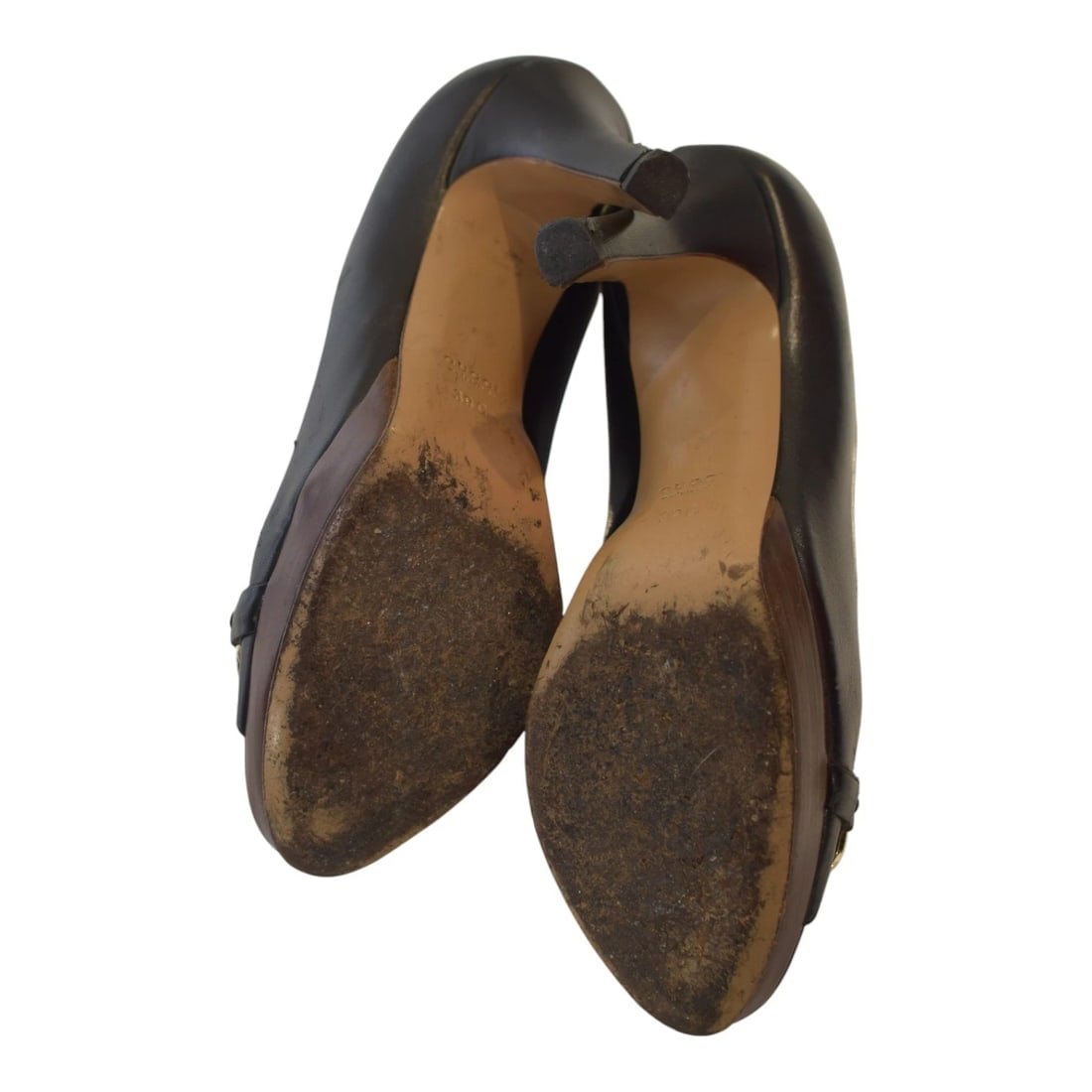 GUCCI Black Leather Gold Horsebit Peep Toe Platform Heels Size 39C Made in Italy - 6