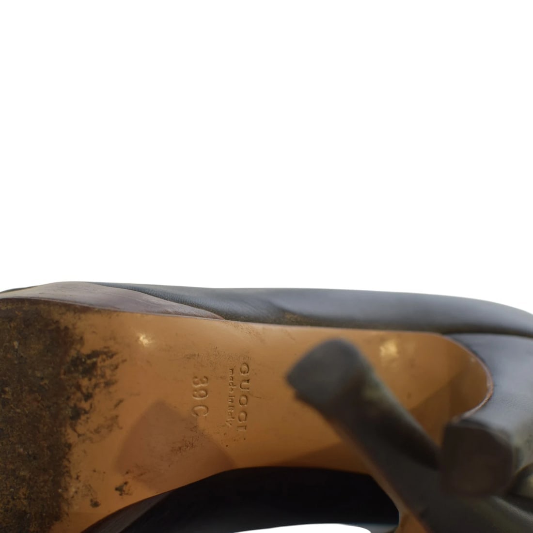 GUCCI Black Leather Gold Horsebit Peep Toe Platform Heels Size 39C Made in Italy - 7