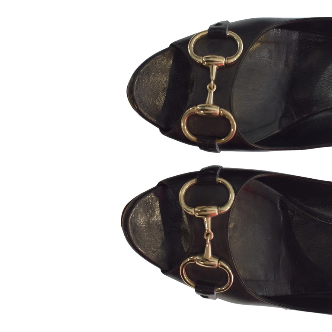 GUCCI Black Leather Gold Horsebit Peep Toe Platform Heels Size 39C Made in Italy - 8