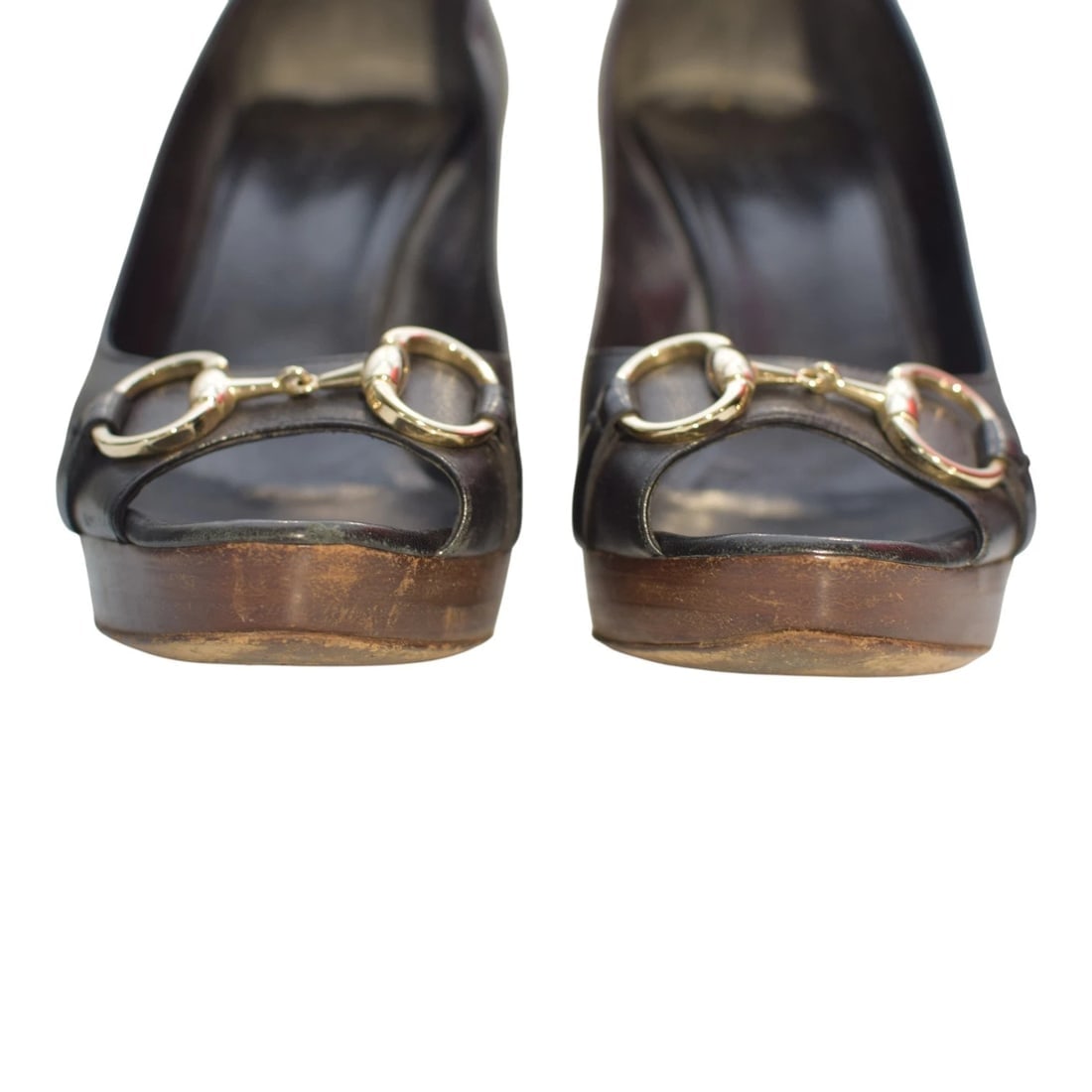 GUCCI Black Leather Gold Horsebit Peep Toe Platform Heels Size 39C Made in Italy - 9