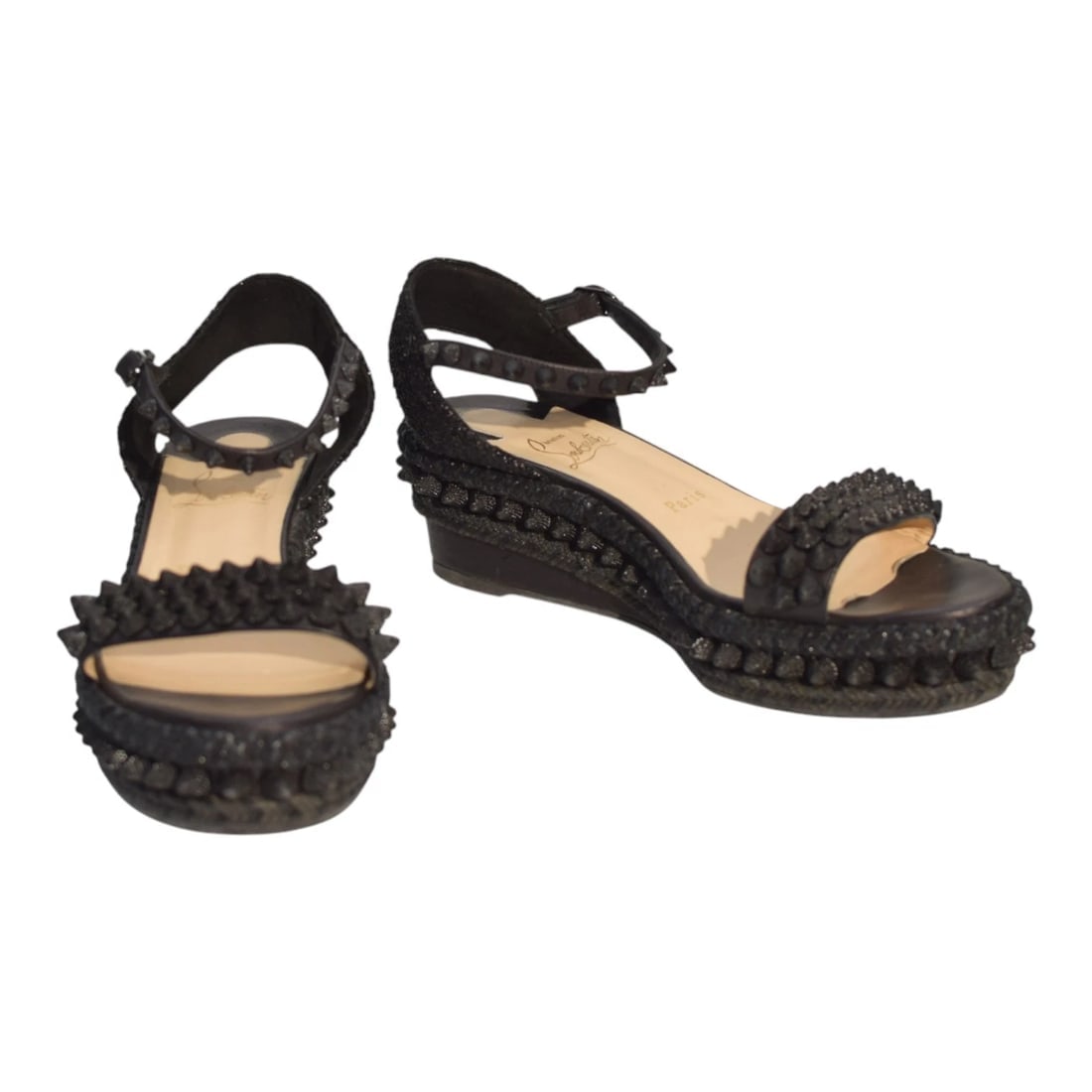 Christian Louboutin Black Leather Madmonica 60 Spiked Espadrille Sandals Size 9: Title:Christian Louboutin Black Leather Madmonica 60 Spiked Espadrille Sandals Size 9 Description:Christian Louboutin La Falaise Specchio Silver Leather and Cork Platform Heels Sandals 40 Christian Lo