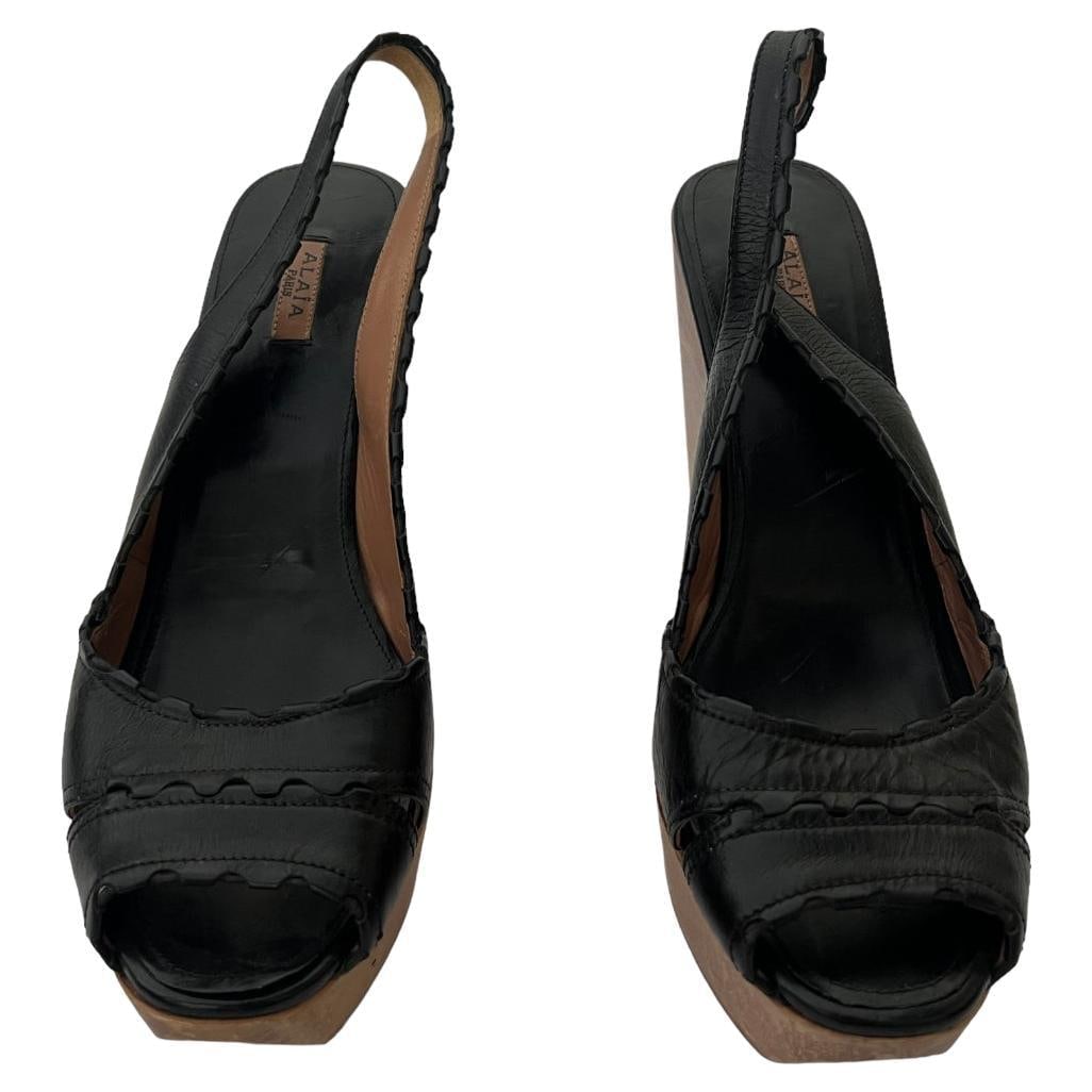 Alaia Paris Leather and Wood Platform Wedge Sandals, Size 40 - 6