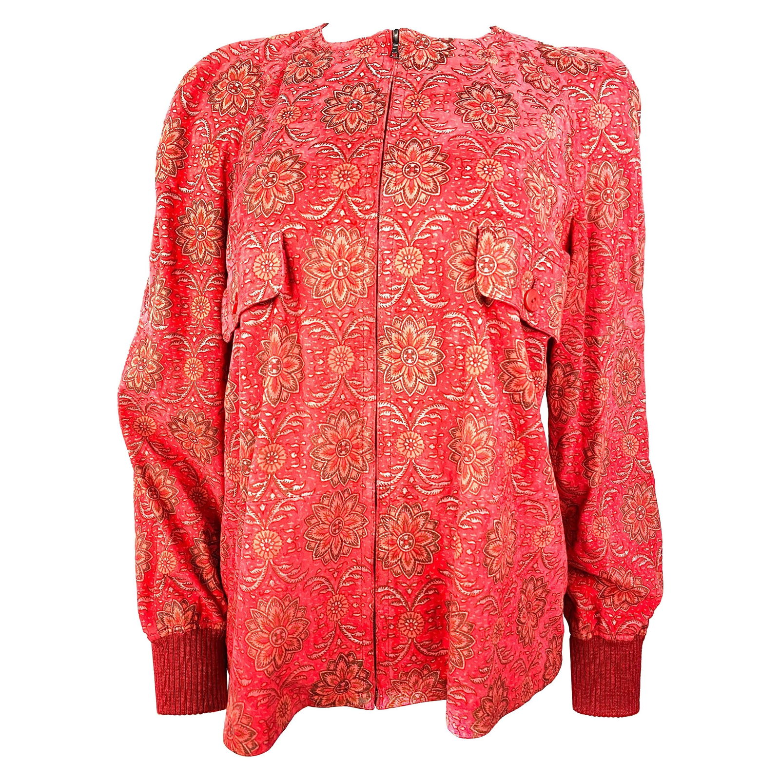 Valentino Red Suede Jacket Size 42: Product details: Featuring red suede with floral print, front silver tone zip closure and two front pocket with buttons. Made in Italy. Size 42. Reserve: $440.00 