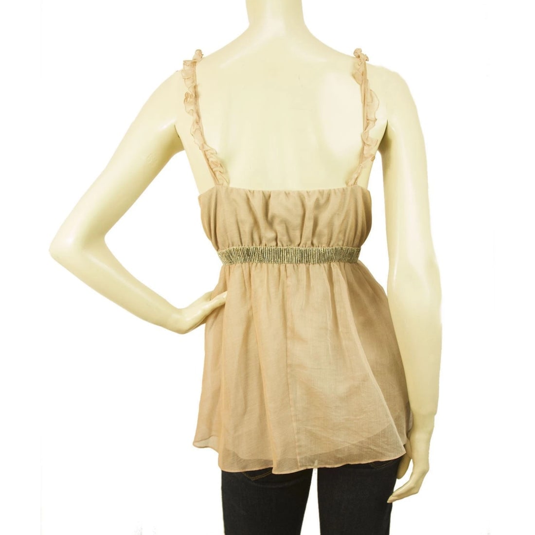 Beige Cotton Silk Beaded tunic top blouse spaghetti straps size XL IT 46, UK 14 - 2