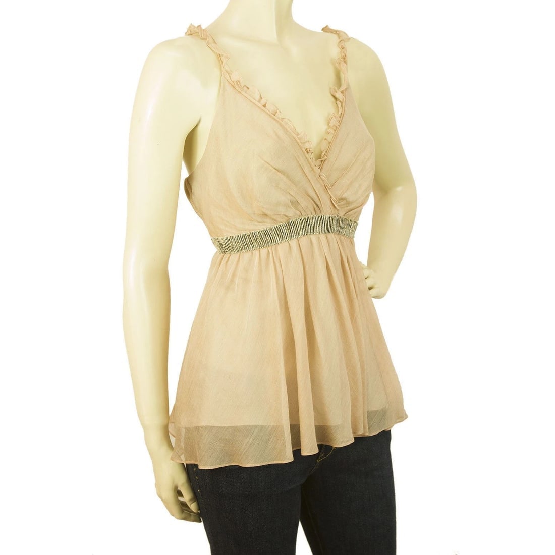 Beige Cotton Silk Beaded tunic top blouse spaghetti straps size XL IT 46, UK 14 - 3