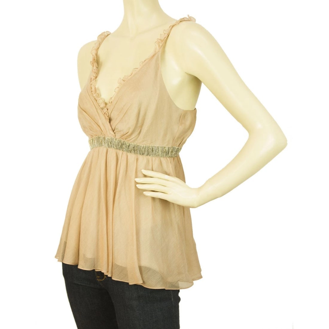 Beige Cotton Silk Beaded tunic top blouse spaghetti straps size XL IT 46, UK 14 - 4