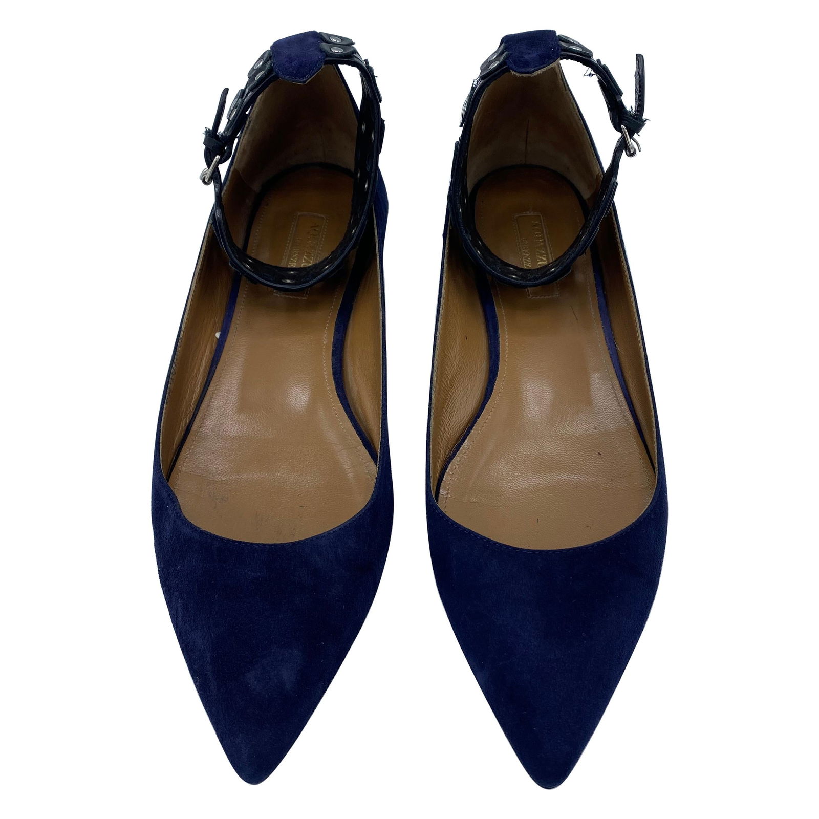 Aquazzura Firenze Rockstar Navy Suede Pointed Toe Flats, Size 39: Product details: The flats feature navy suede, black leather, silver tone hardware and buckled closure. Est. Retail $695. Made in Italy. Reserve: $392.00 Shipping: Domestic: Flat-rate of $85