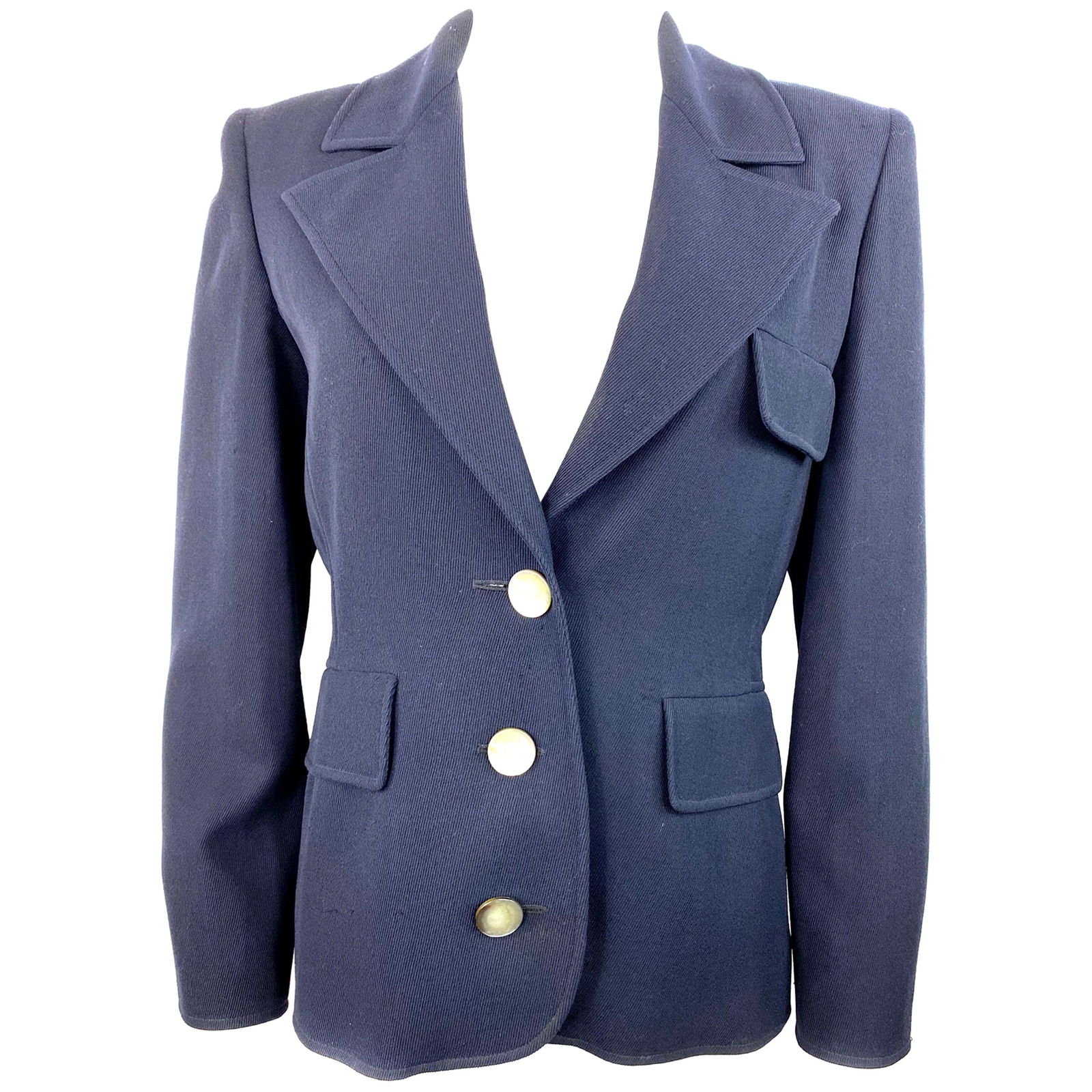 Valentino Boutique Navy Blazer Jacket Size 6: Product details: Featuring collar, 3 front pockets, 3 large front buttons closure, 2 buttons detail on each sleeve, half rear belt detail with 2 buttons and ruffle detail on the back. Made in Italy. S