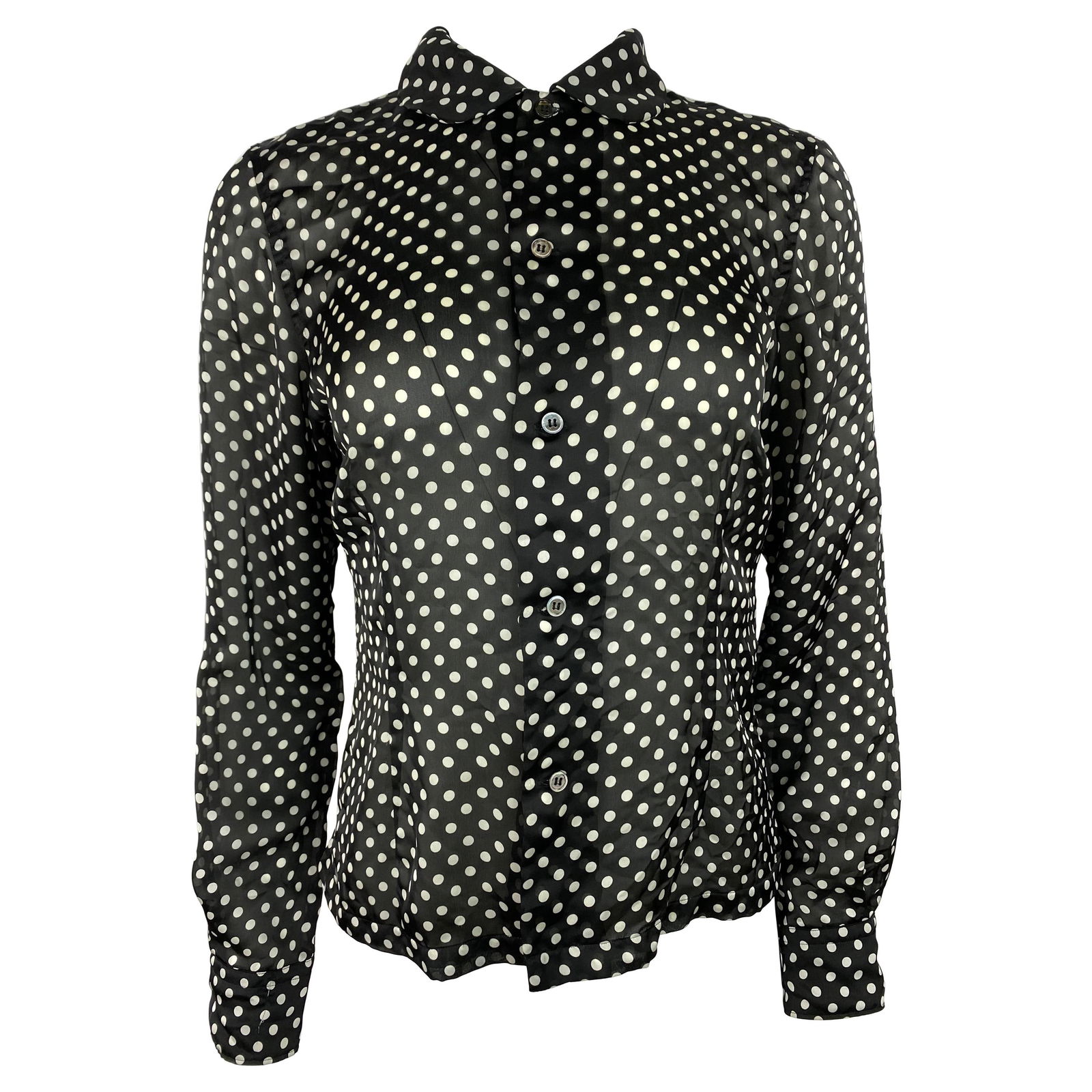 Comme des Garcons Black and White Polka Dot Blouse Top, Size Small: Product details: The blouse features front button down closure, collar and long sleeves. Made in Japan. Reserve: $380.00 Shipping:Domestic: Flat-rate of $85.99 to anywhere within the