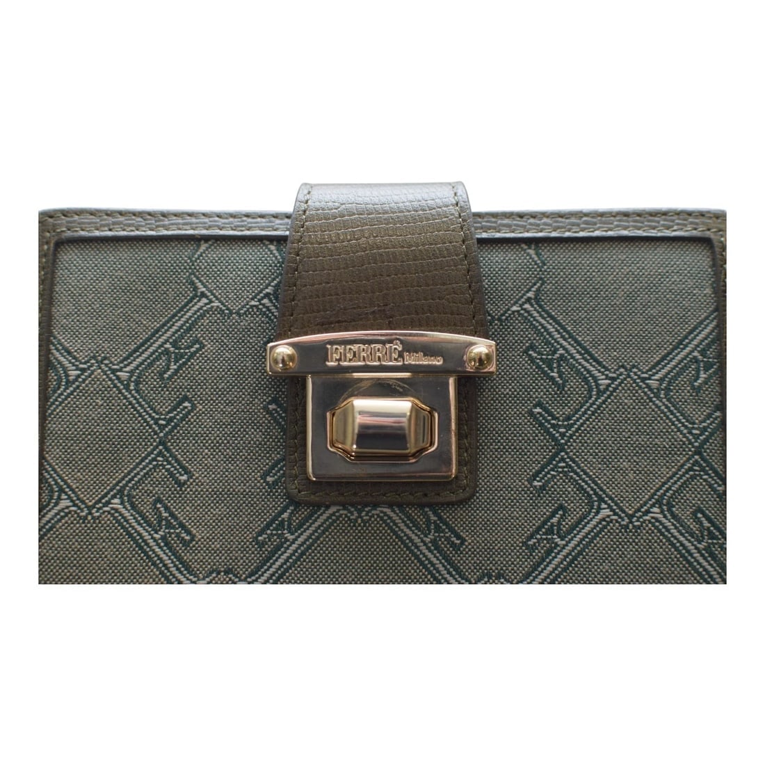 Giangranco Ferre Khaki Leather & Fabric Wallet Gold hardware Medium Envelope - 12