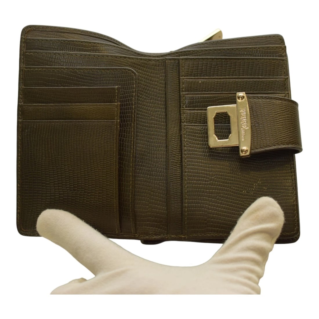 Giangranco Ferre Khaki Leather & Fabric Wallet Gold hardware Medium Envelope - 13