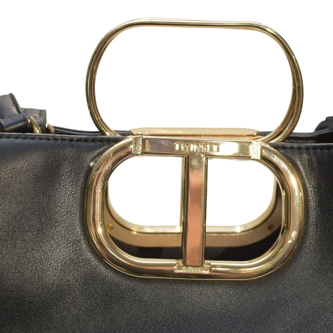 Twinset Milano shopper 'Lila' Oval T handle Black Leather Tote Bag Gold hardware - 13