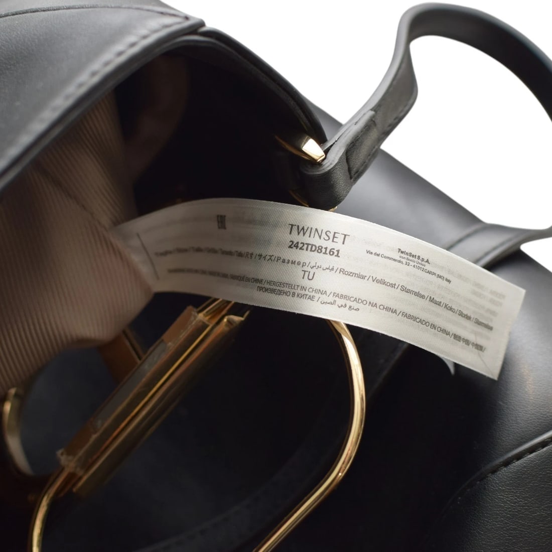 Twinset Milano shopper 'Lila' Oval T handle Black Leather Tote Bag Gold hardware - 16