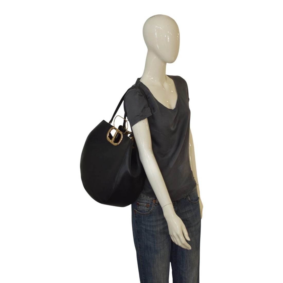 Twinset Milano shopper 'Lila' Oval T handle Black Leather Tote Bag Gold hardware - 17