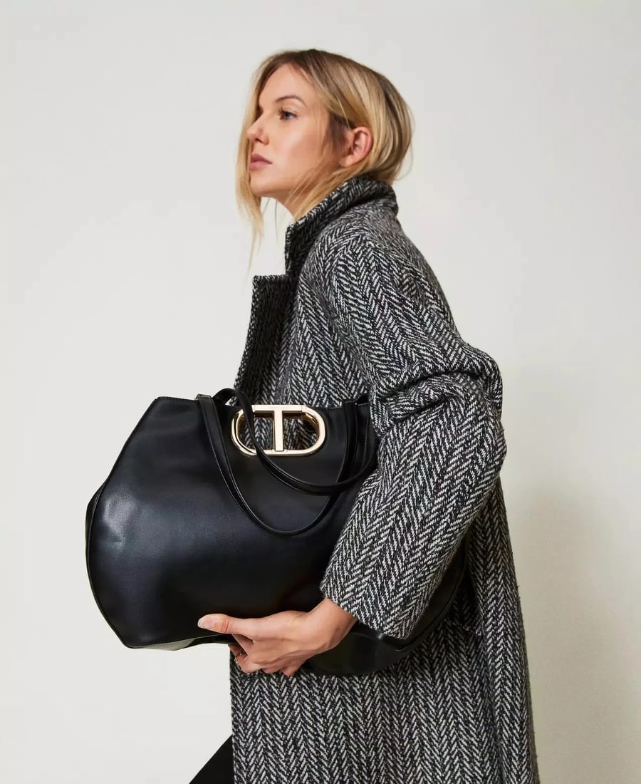 Twinset Milano shopper 'Lila' Oval T handle Black Leather Tote Bag Gold hardware - 2