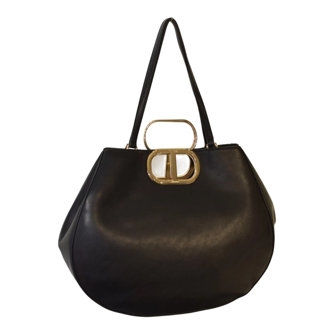 Twinset Milano shopper 'Lila' Oval T handle Black Leather Tote Bag Gold hardware - 3