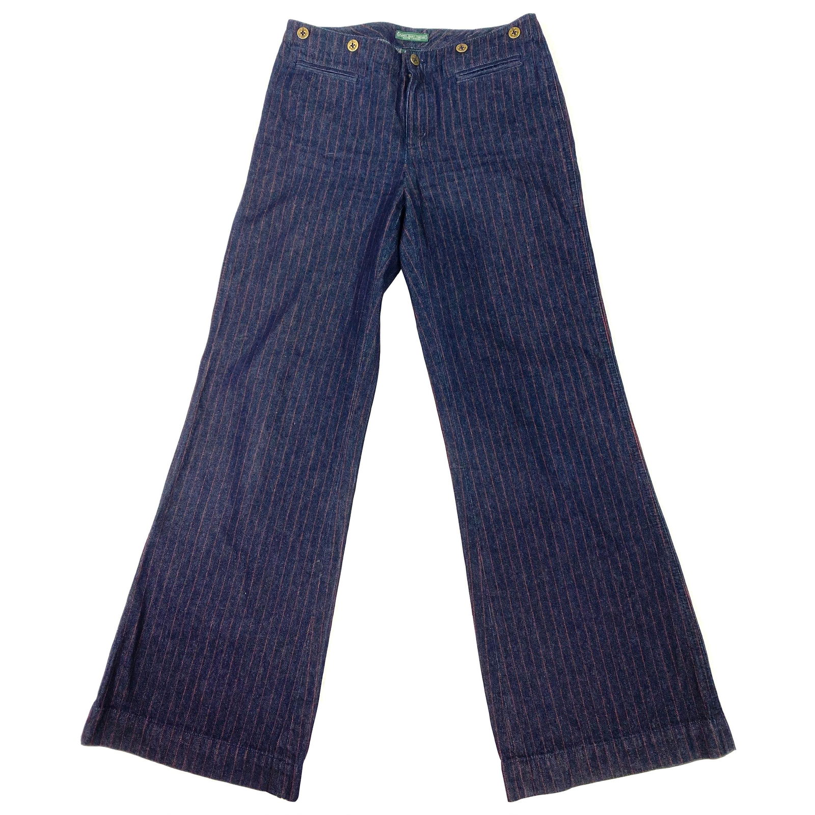 Lauren Jeans Company Ralph Lauren Dark Blue Straight Jeans, Size 4: Product details: The jeans designed by Ralph Lauren, they feature dark blue wash with vertical red striped pattern, straight fit and anchor motif buttons. The leg width is 10.75 inches. Reserve: