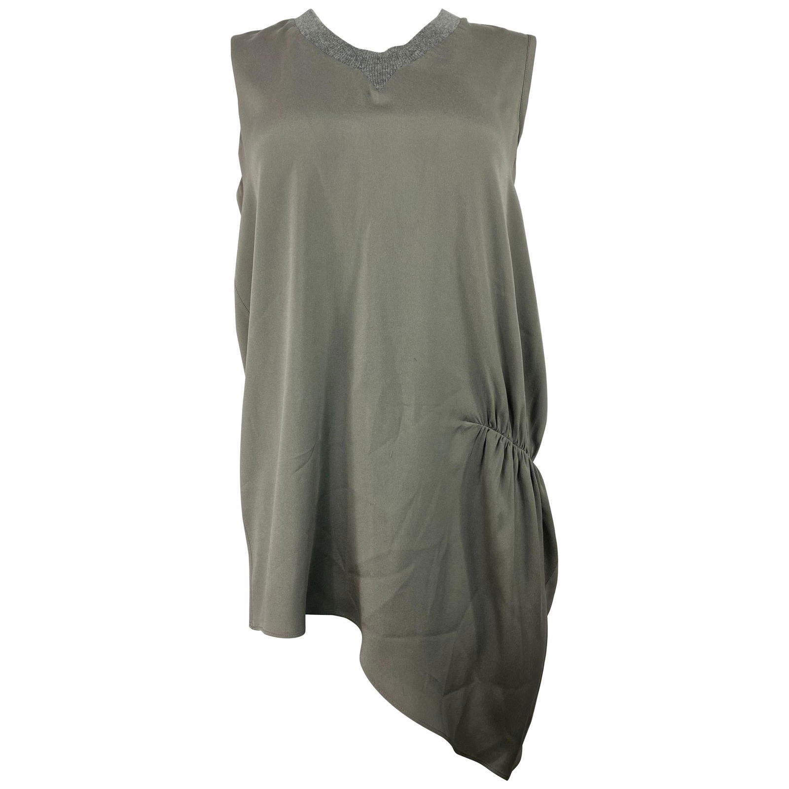 Brunello Cucinelli Grey Silk Sleeveless Blouse Top Size XL: Product details: Featuring grey, green, olive, silk, crew neck with grey knit detail, sleeveless, asymmetrical style. The shorter side measures 29" long and the longer is 37". Made in Italy. 