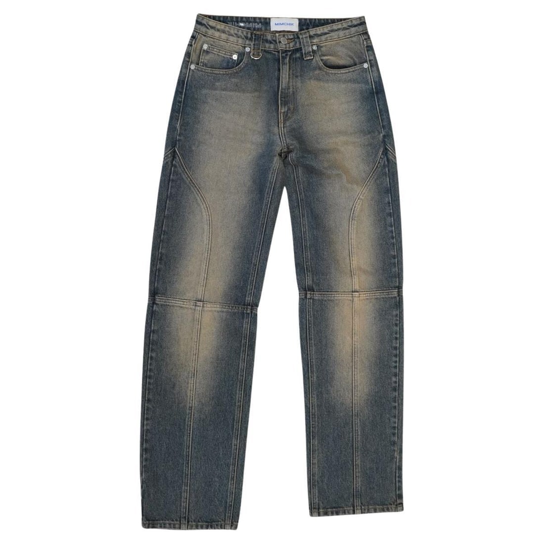 Mimchik Los Angeles Maria Distressed Wash Relaxed Jeans 27: Mimchik is a fashion house in Los Angeles. These 'Maria' jeans are made from 100% cotton. They have their signature stitching through the front with a silver D ring on the belt loop. Excellent