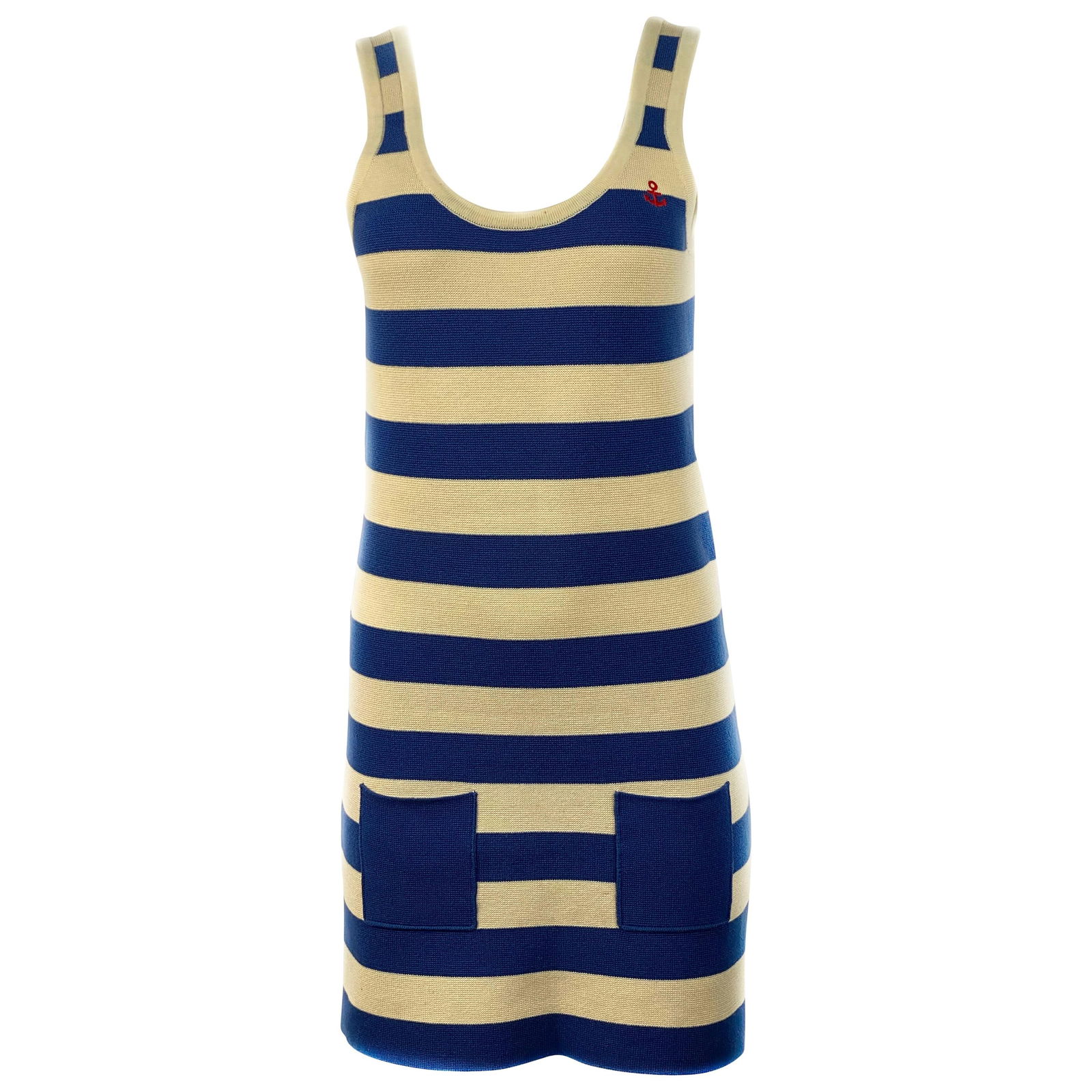 Sonia by Sonia Rykiel Sailor Ivory and Blue Tank Mini Dress Size M: Sonia by Sonia Rykiel Ivory and Blue Cotton Tank Mini Dress Size M Product details: Size M Ivory and blue striped pattern with embroider red anchor and two blue pockets on the front Sleeveless, tank s