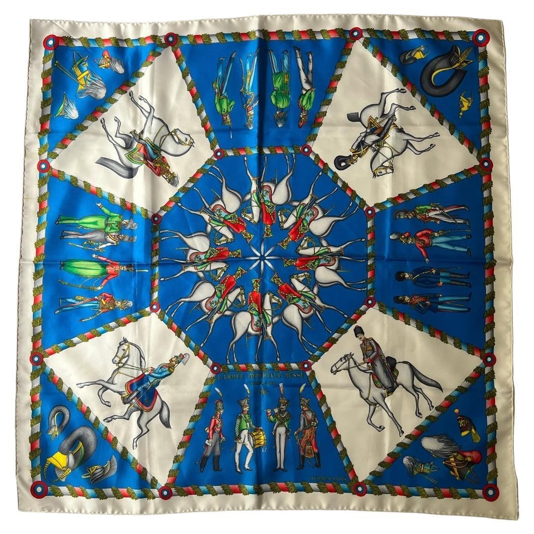 Vintage Hermes L'Armee Imperiale Russe Scarf: Circa 1980’s Designed by Michel Duchene Featuring army, solders and horses motif Made in France Has a few marks Reserve: $320.00 Shipping:Domestic: Flat-rate of $85.99 to anywhere