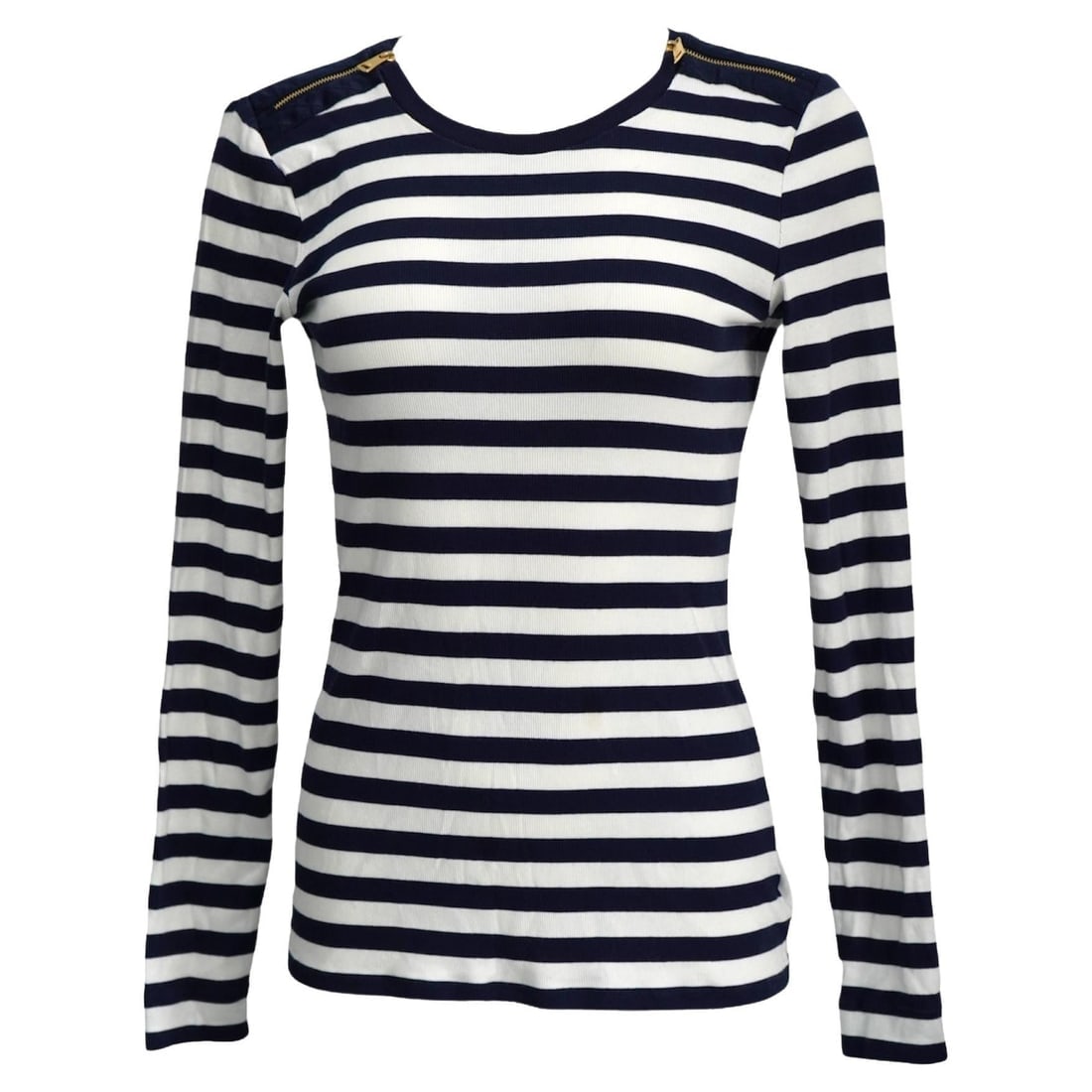 Ralph Lauren Navy & White Striped Long Sleeve Top: Ralph Lauren Navy & White Striped Long Sleeve with shoulder zipper details size L Material was removed but made of cotton Has good stretch L: 26” B: 31” W: 29” Reserve: $360.00 Shipp