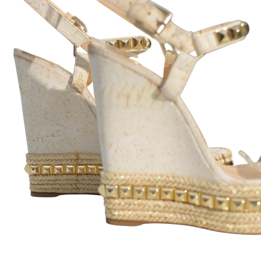 Christian Louboutin Cataclou White/Gold Studded Espadrille Wedge Sandals sz 9 - 10