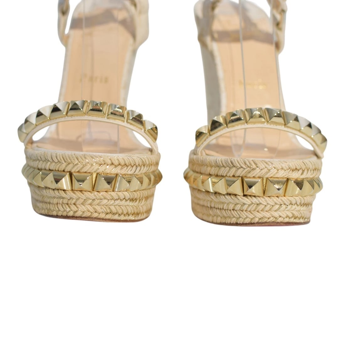 Christian Louboutin Cataclou White/Gold Studded Espadrille Wedge Sandals sz 9 - 11