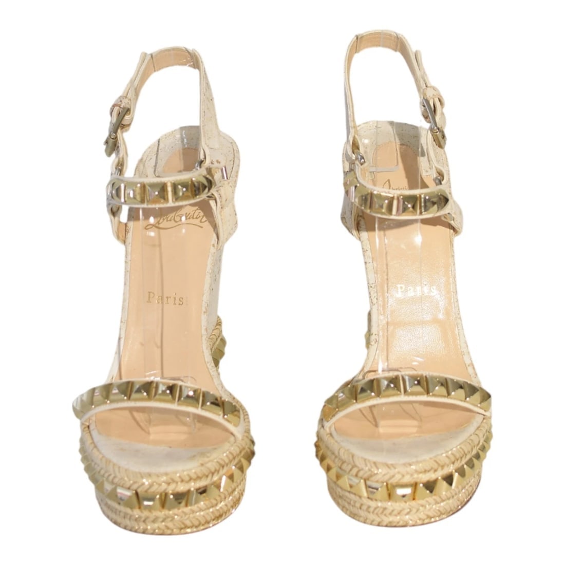 Christian Louboutin Cataclou White/Gold Studded Espadrille Wedge Sandals sz 9 - 2