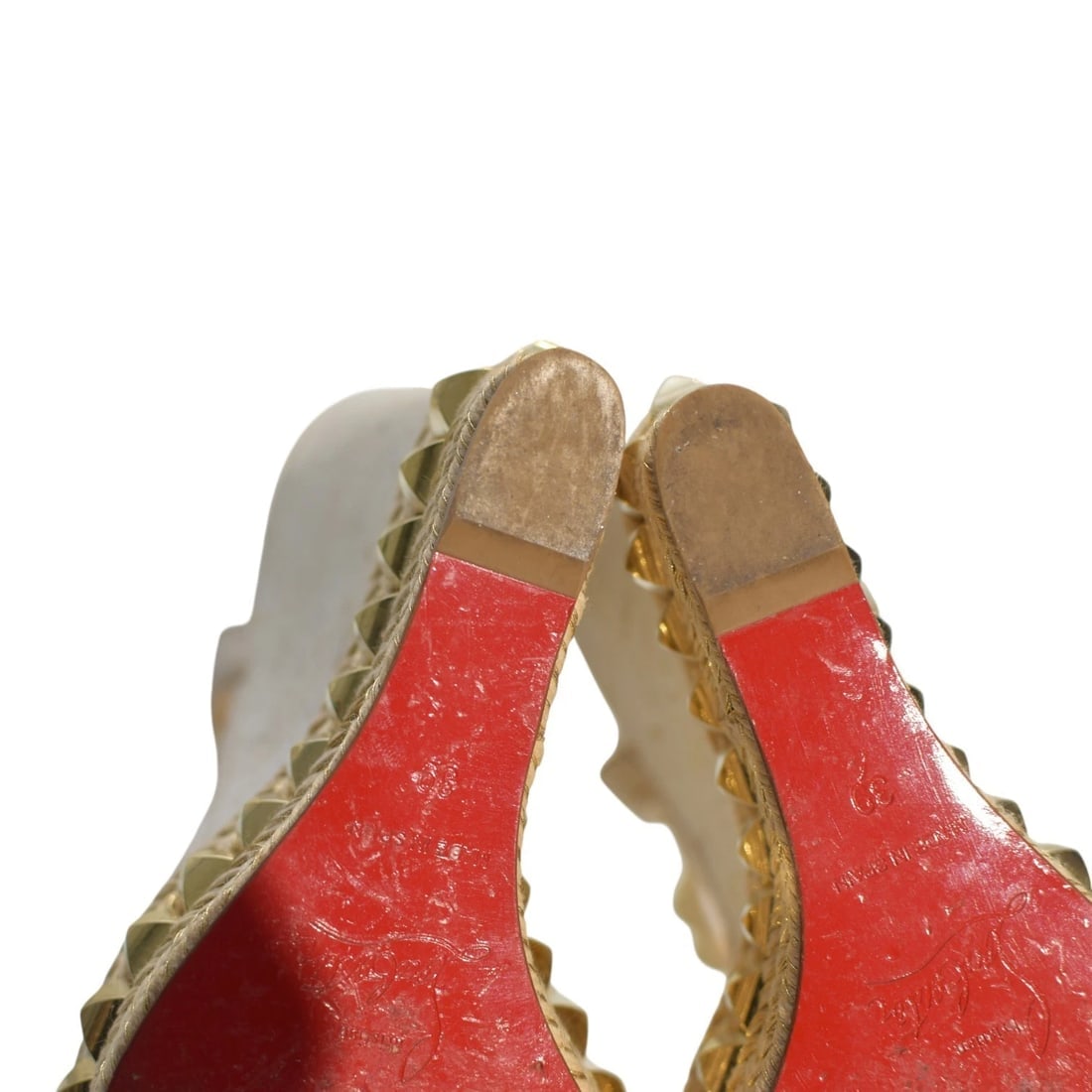 Christian Louboutin Cataclou White/Gold Studded Espadrille Wedge Sandals sz 9 - 8